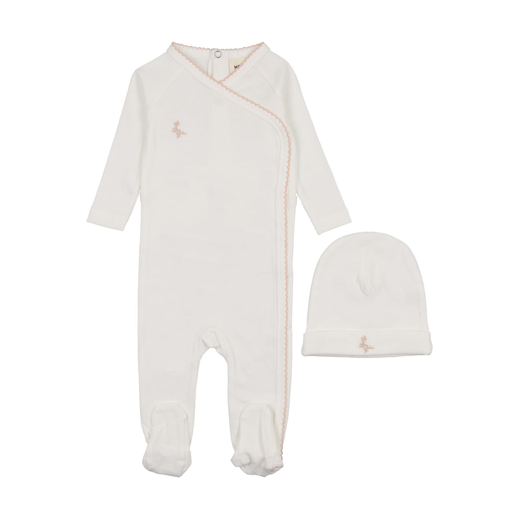 Embroidered picot edge footie and beanie - winter white/metallic mauve