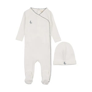 Embroidered picot edge footie and beanie - winter white/metallic blue