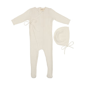 Mema Knits Mock Wrap Footie + Bonnet - Winter White Mema Knits Mock Wrap Footie + Bonnet - Winter White