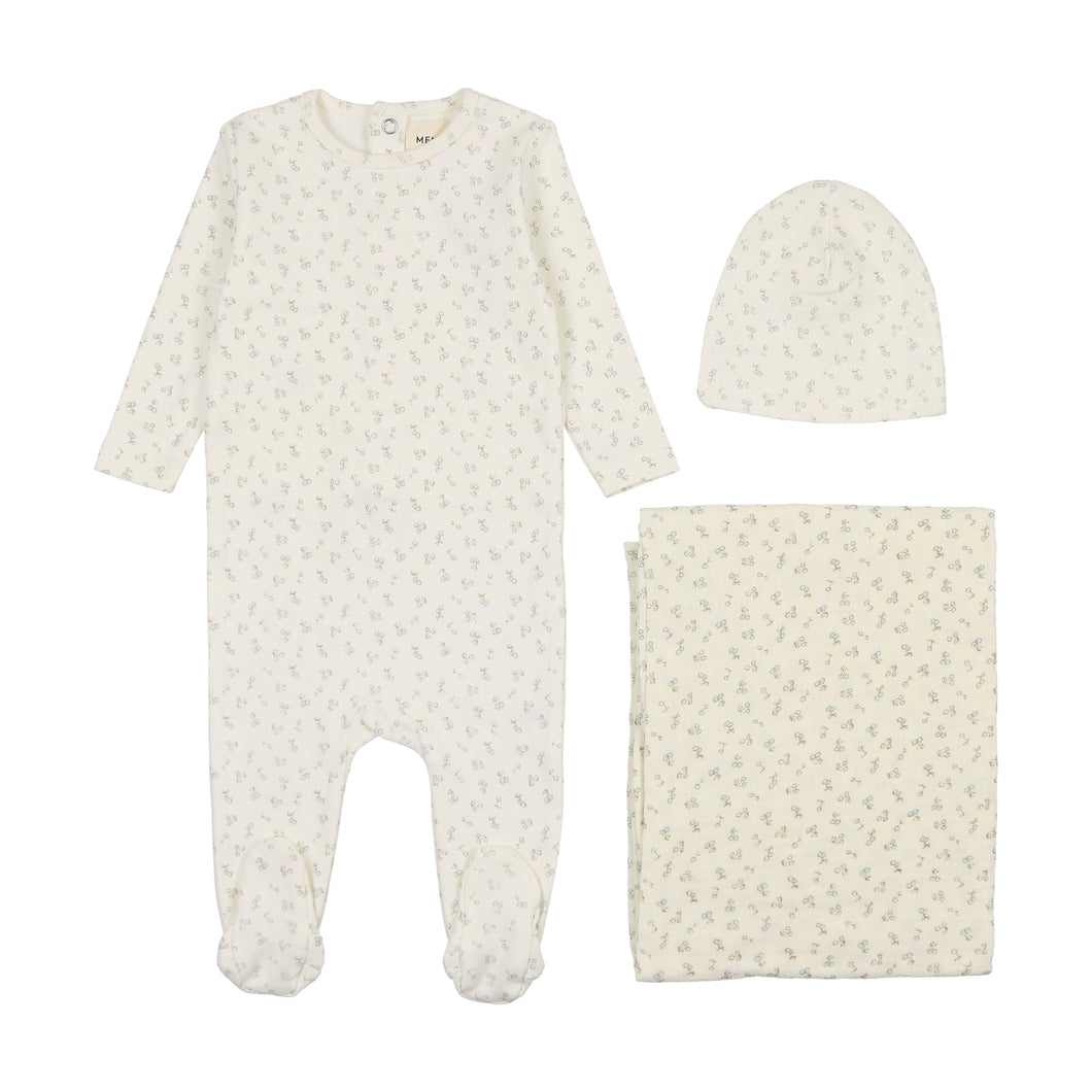 Cherry print layette set - blue cherry print
