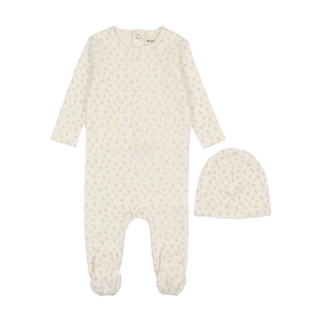 Cherry print footie and beanie - pink cherry print
