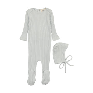 Picot edge textured footie and bonnet - blue