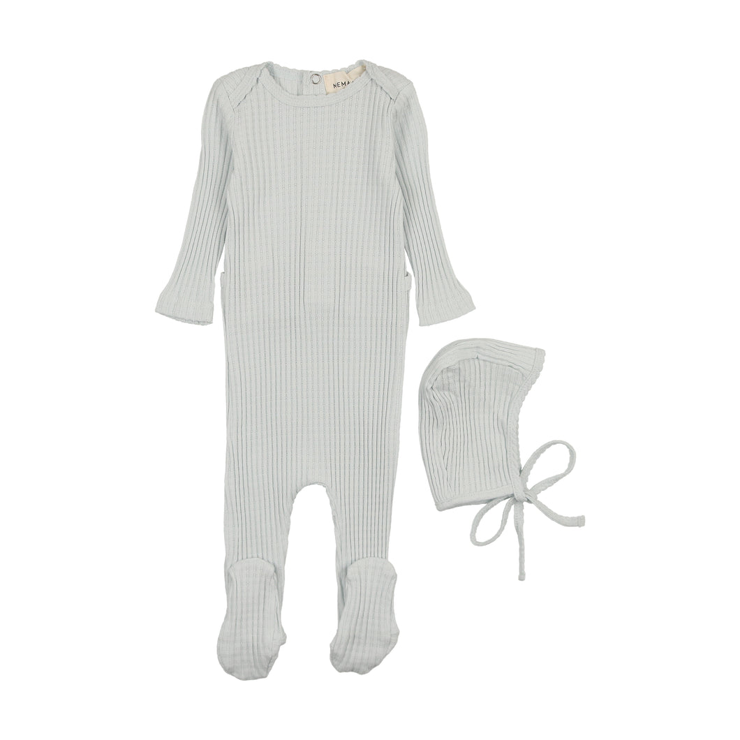 Picot edge textured footie and bonnet - blue