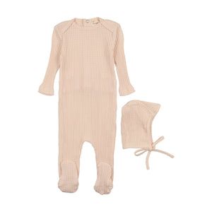 Picot edge textured footie and bonnet - peach dust
