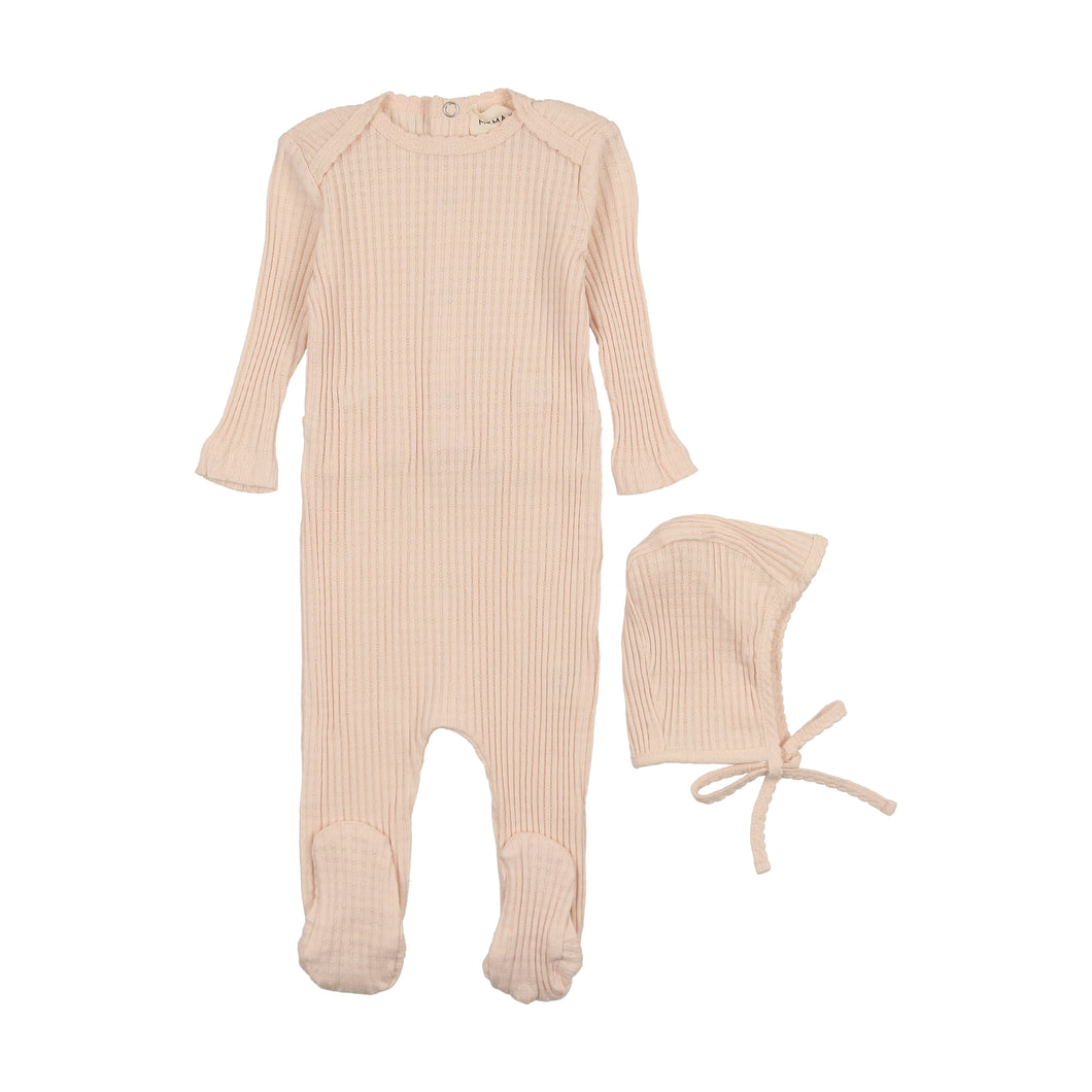 Picot edge textured footie and bonnet - peach dust