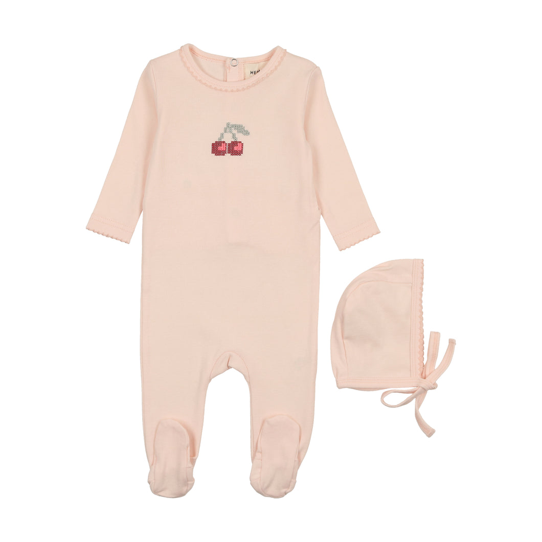 Embroidered cherry footie and hat - pink