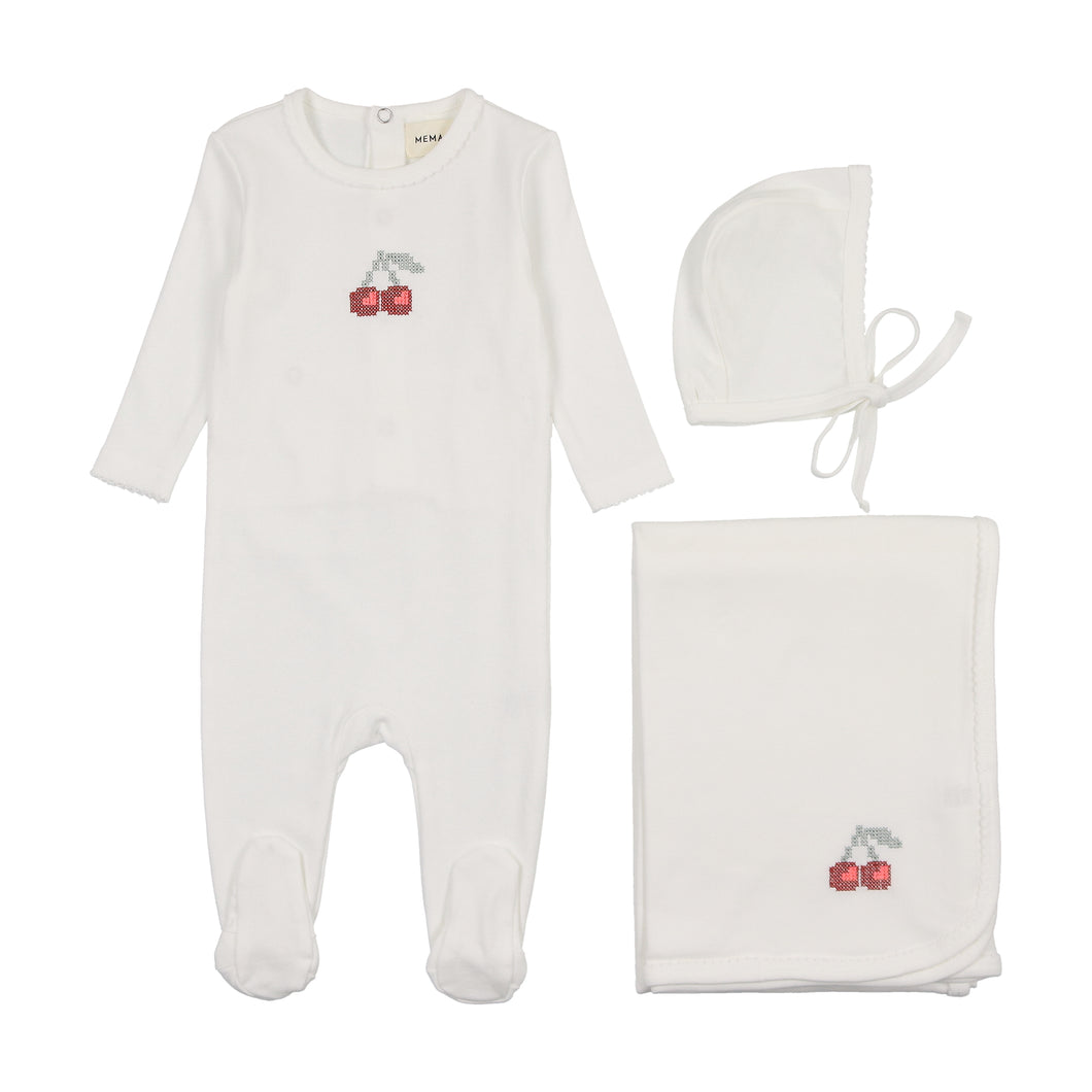 Embroidered cherry layette set - winter white/red cherry
