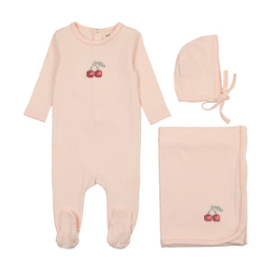 Embroidered cherry layette set - pink