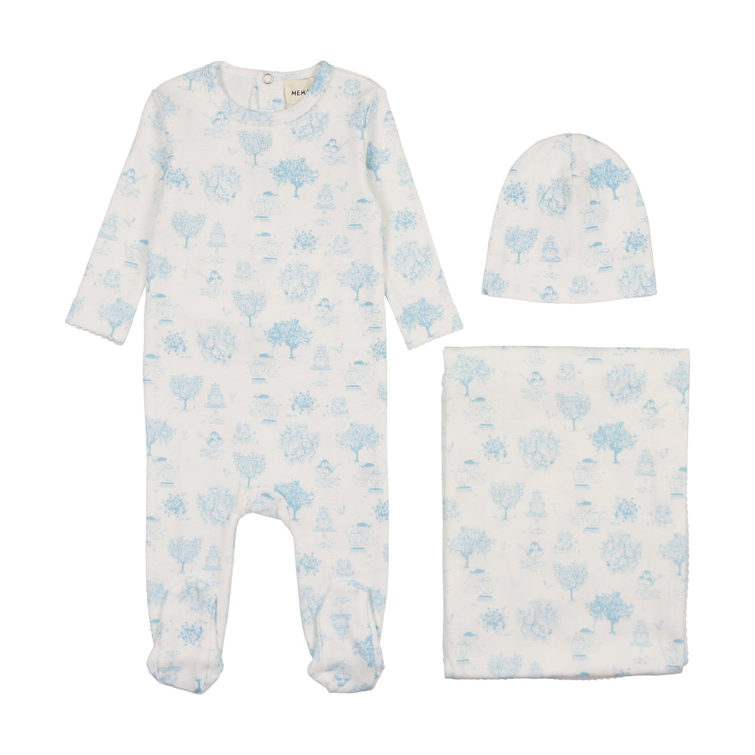 Toile print layette set - blue toile print