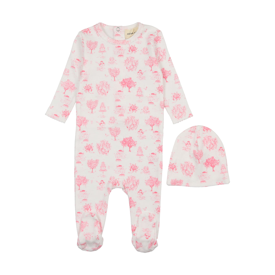 Toile print footie and beanie - pink toile print