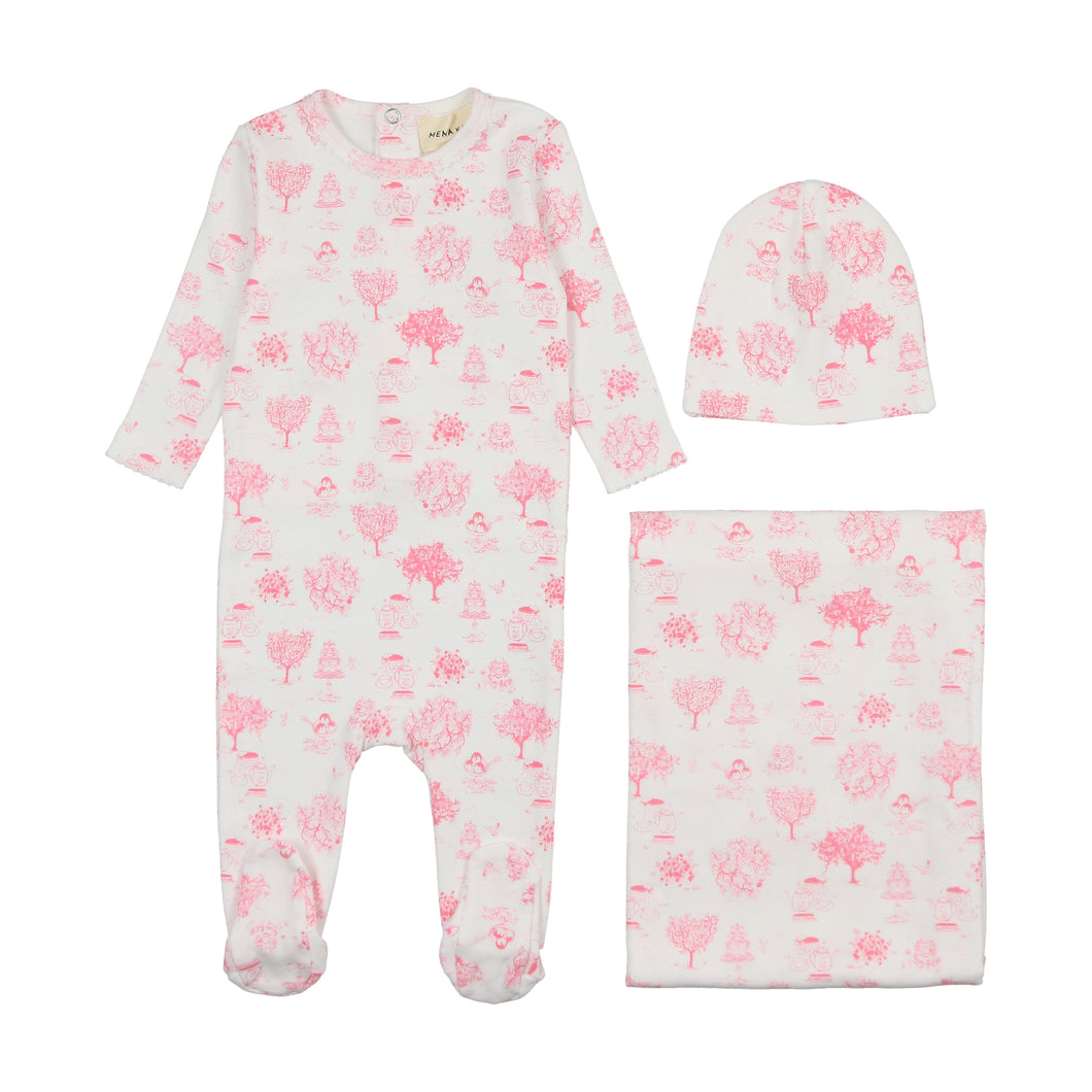 Toile print layette set - pink toile print