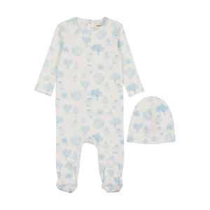 Toile print footie and beanie - blue toile print