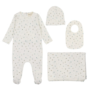 Polka dot floral print layette set with bib - floral blue