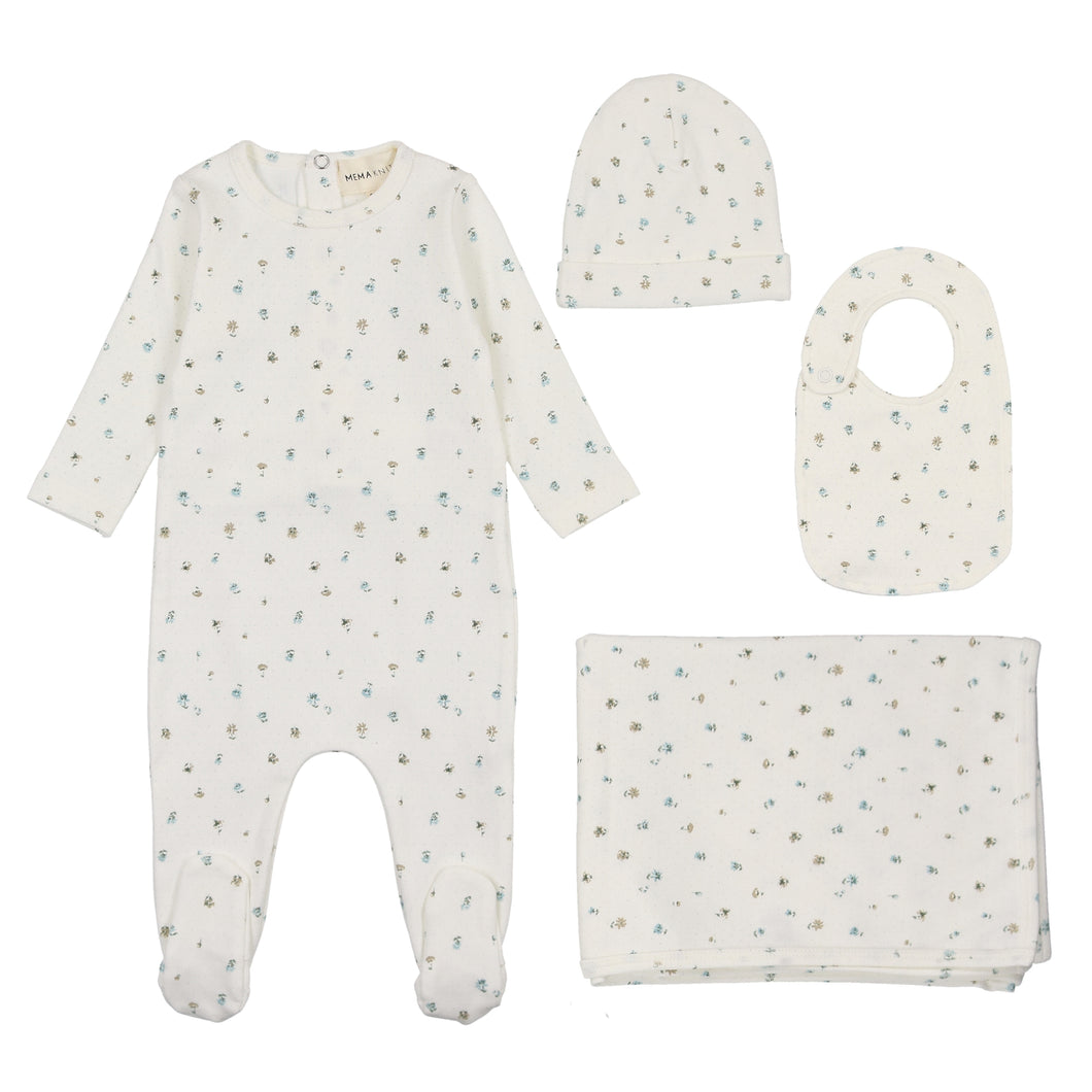 Polka dot floral print layette set with bib - floral blue