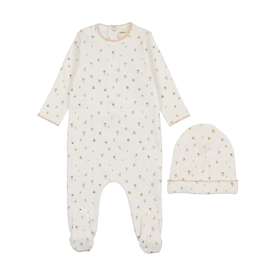 Polka dot floral print footie and beanie - floral pink