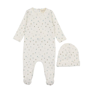 Polka dot floral print footie and beanie - floral blue