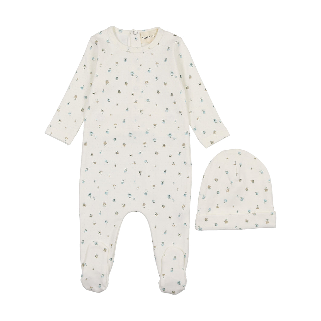 Polka dot floral print footie and beanie - floral blue