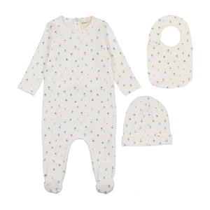 Polka dot floral print footie, beanie and bib - floral blue
