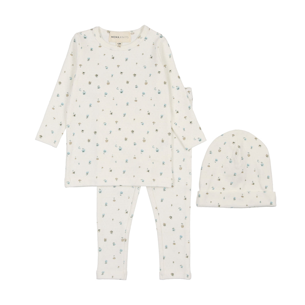 Polka dot floral 2 pc set and beanie - floral blue