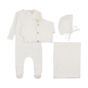 Pointelle footie and slub cardigan layette set - winter white