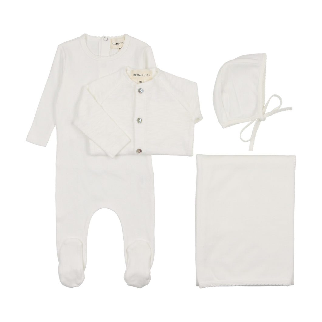 Pointelle footie and slub cardigan layette set - winter white
