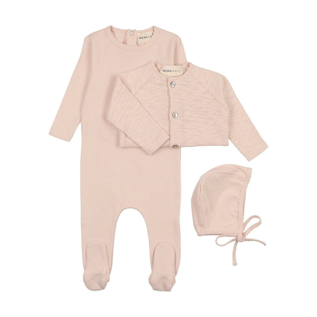 Pointelle footie, slub cardigan and beanie - peach dust