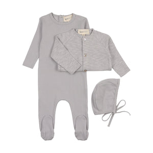 Pointelle footie, slub cardigan and beanie - light blue
