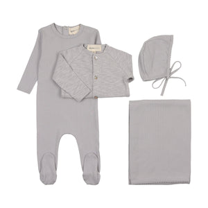 Pointelle footie and slub cardigan layette set - soft blue