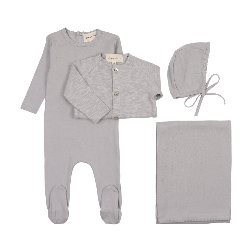 Pointelle footie and slub cardigan layette set - soft blue