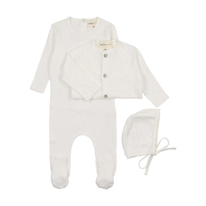 Pointelle footie, slub cardigan and beanie - winter white