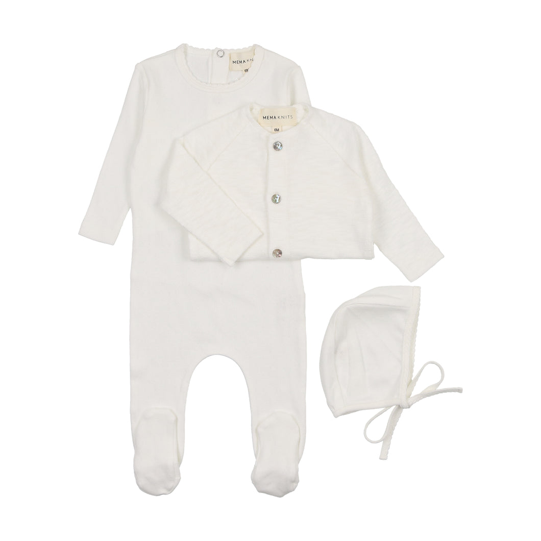 Pointelle footie, slub cardigan and beanie - winter white