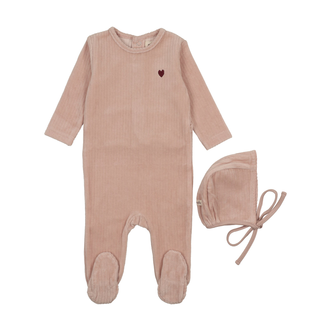 Ribbed velour embroidered footie and bonnet  - Pale pink/rose brown heart