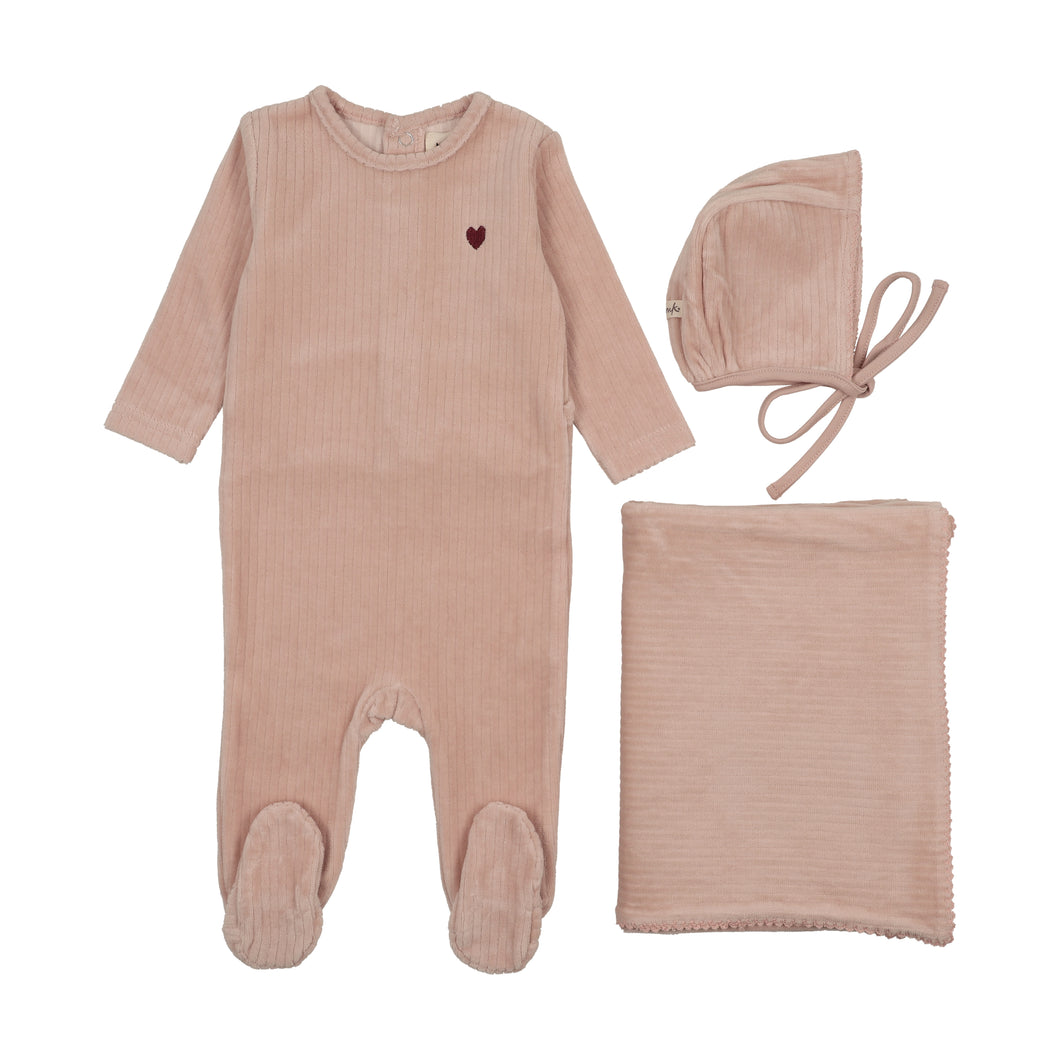 Ribbed velour embroidered layette set  - Pale pink/rose brown heart