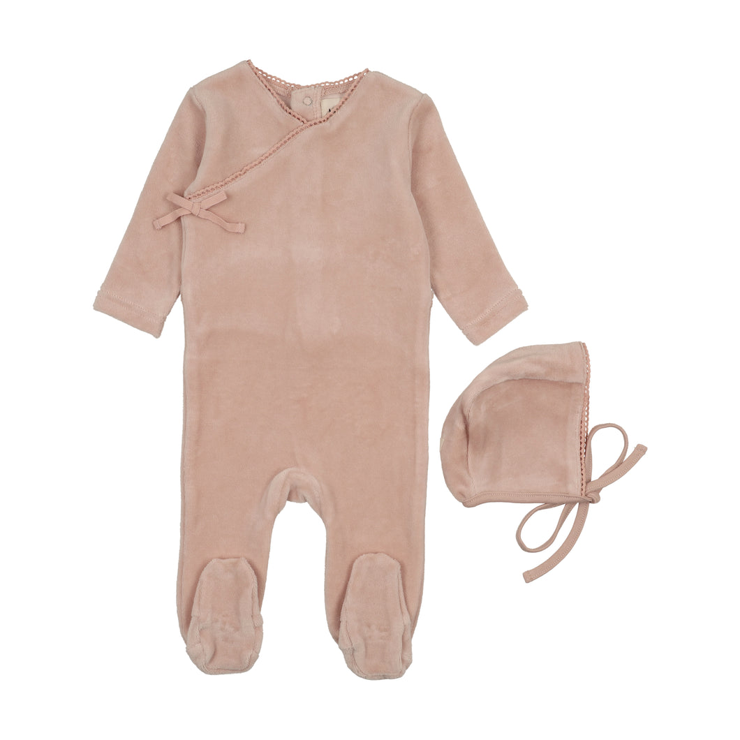 Velour mock wrap footie and bonnet - Pale pink