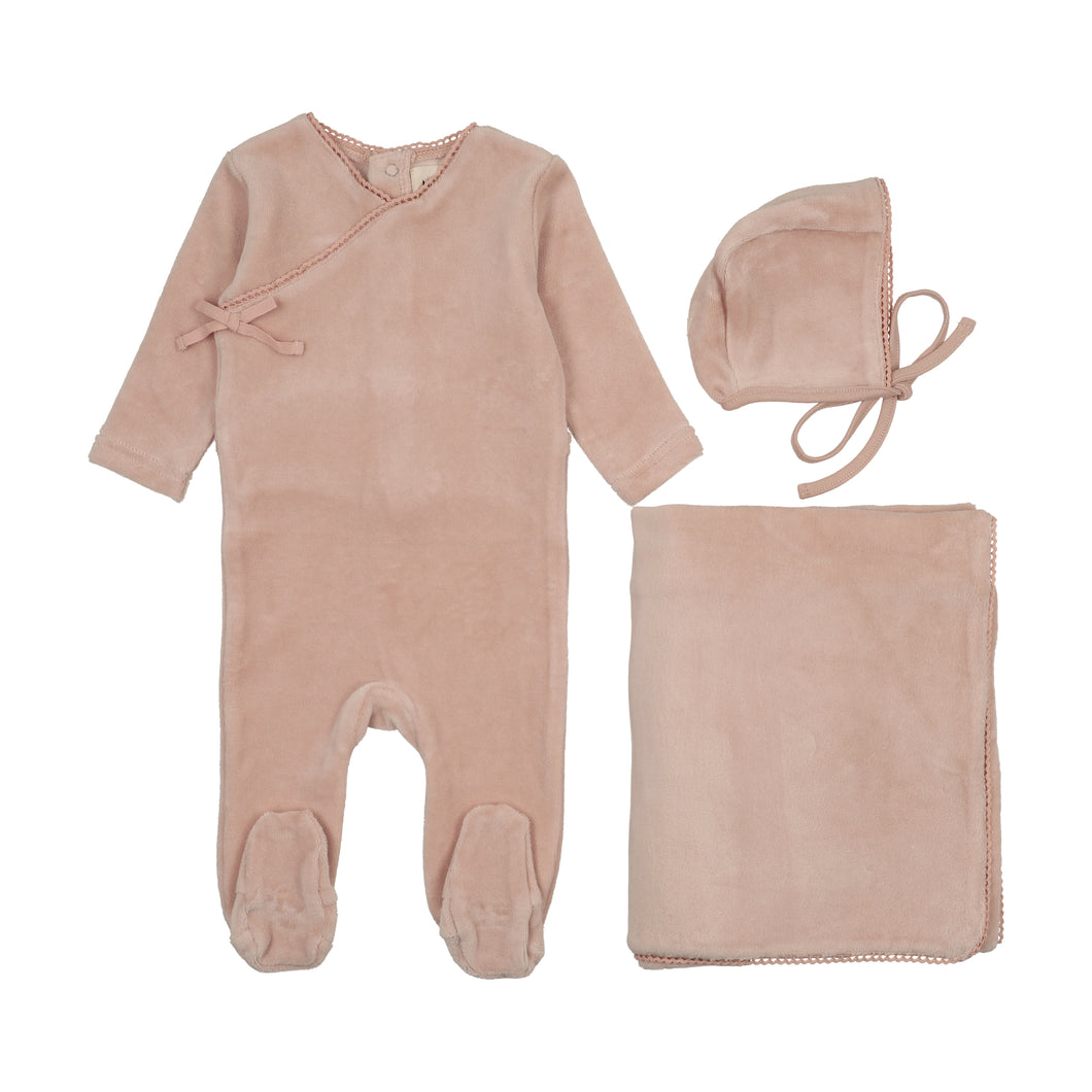 Velour mock wrap layette set - Pale pink