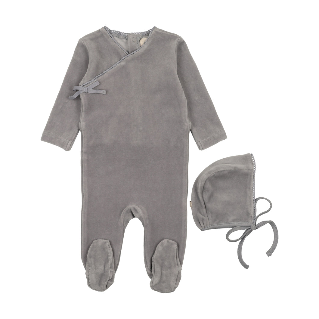 Velour mock wrap footie and bonnet - Windy blue