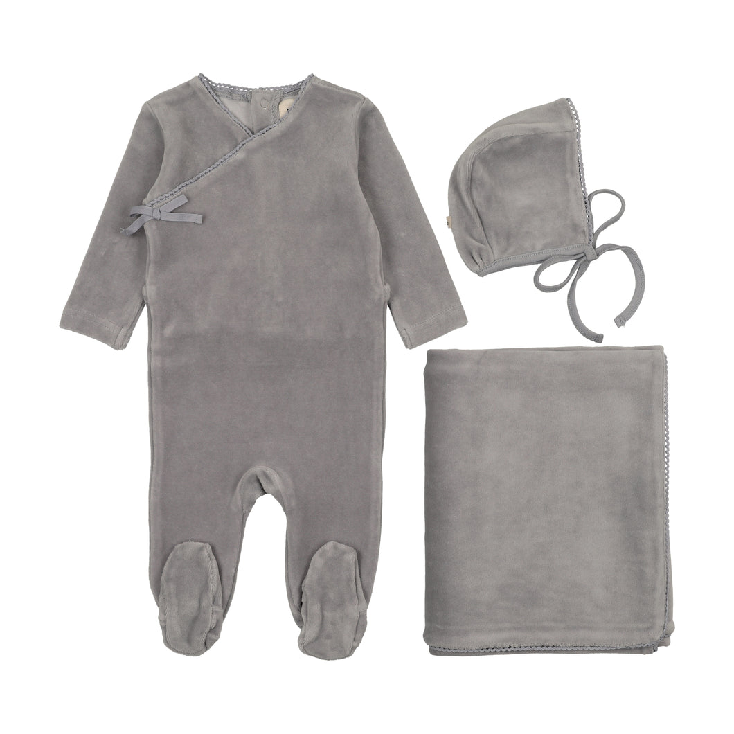 Velour mock wrap layette set - Windy blue