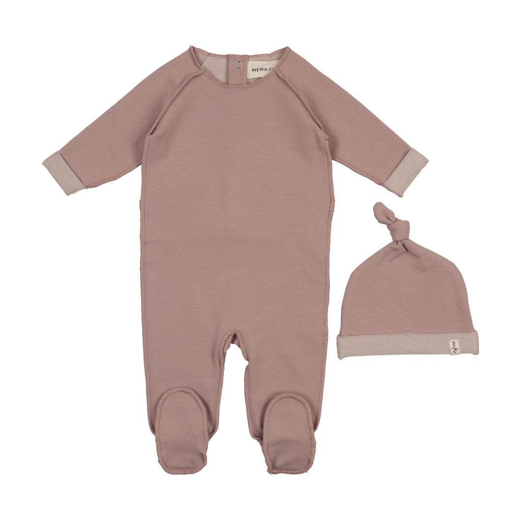 French terry top stitched footie and beanie - Mauve pink melange