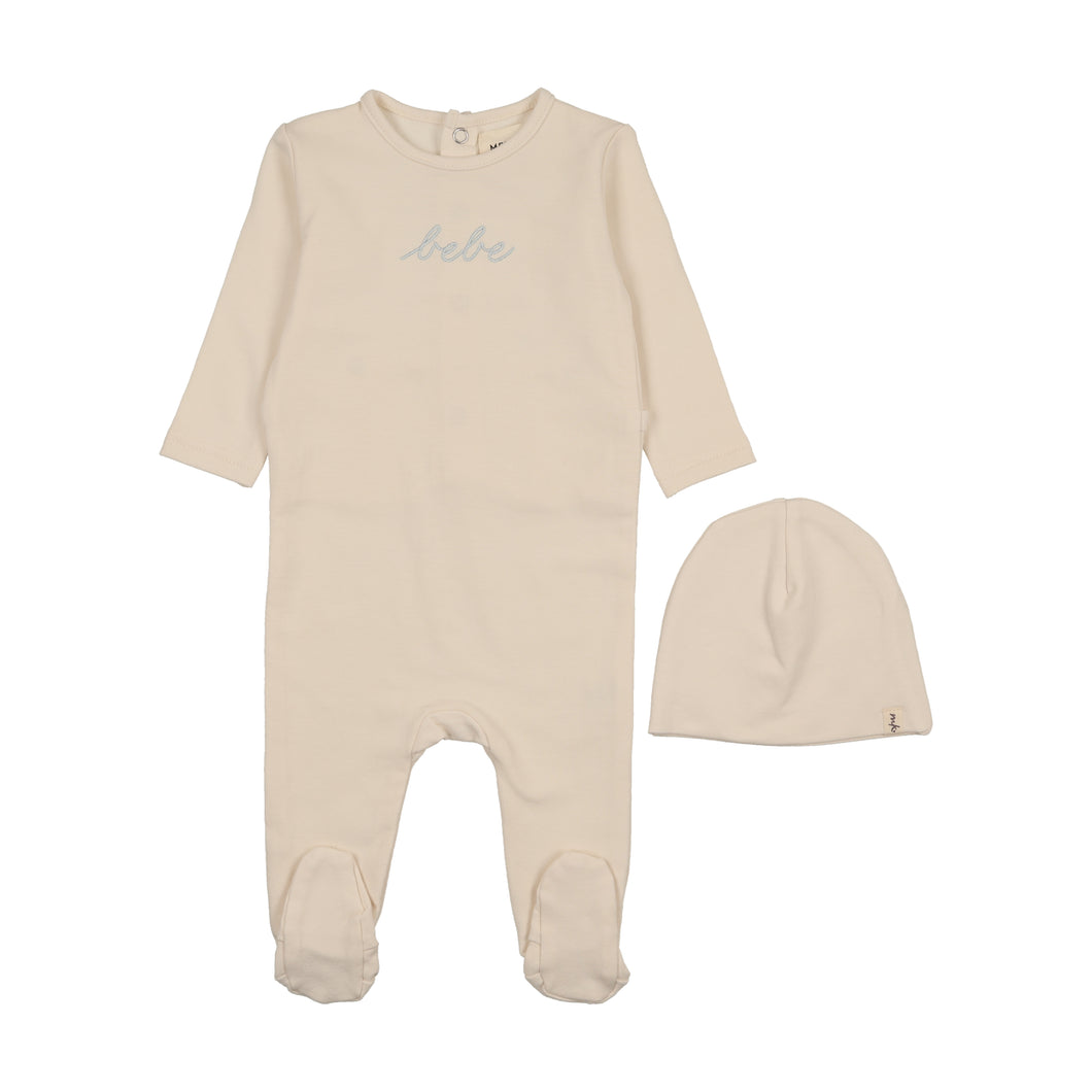 French terry embroidered bebe footie and beanie - Ivory/blue