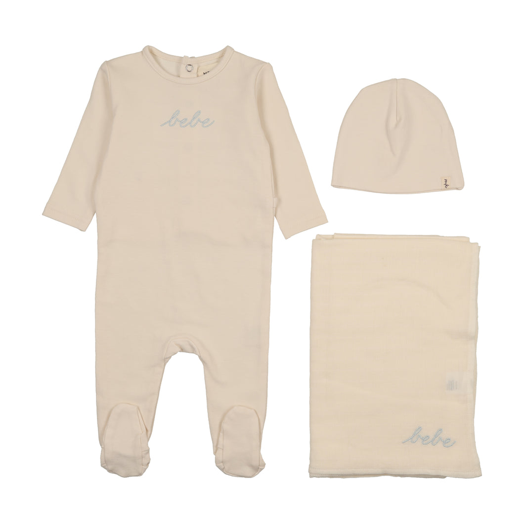 French terry embroidered bebe layette set - Ivory/blue
