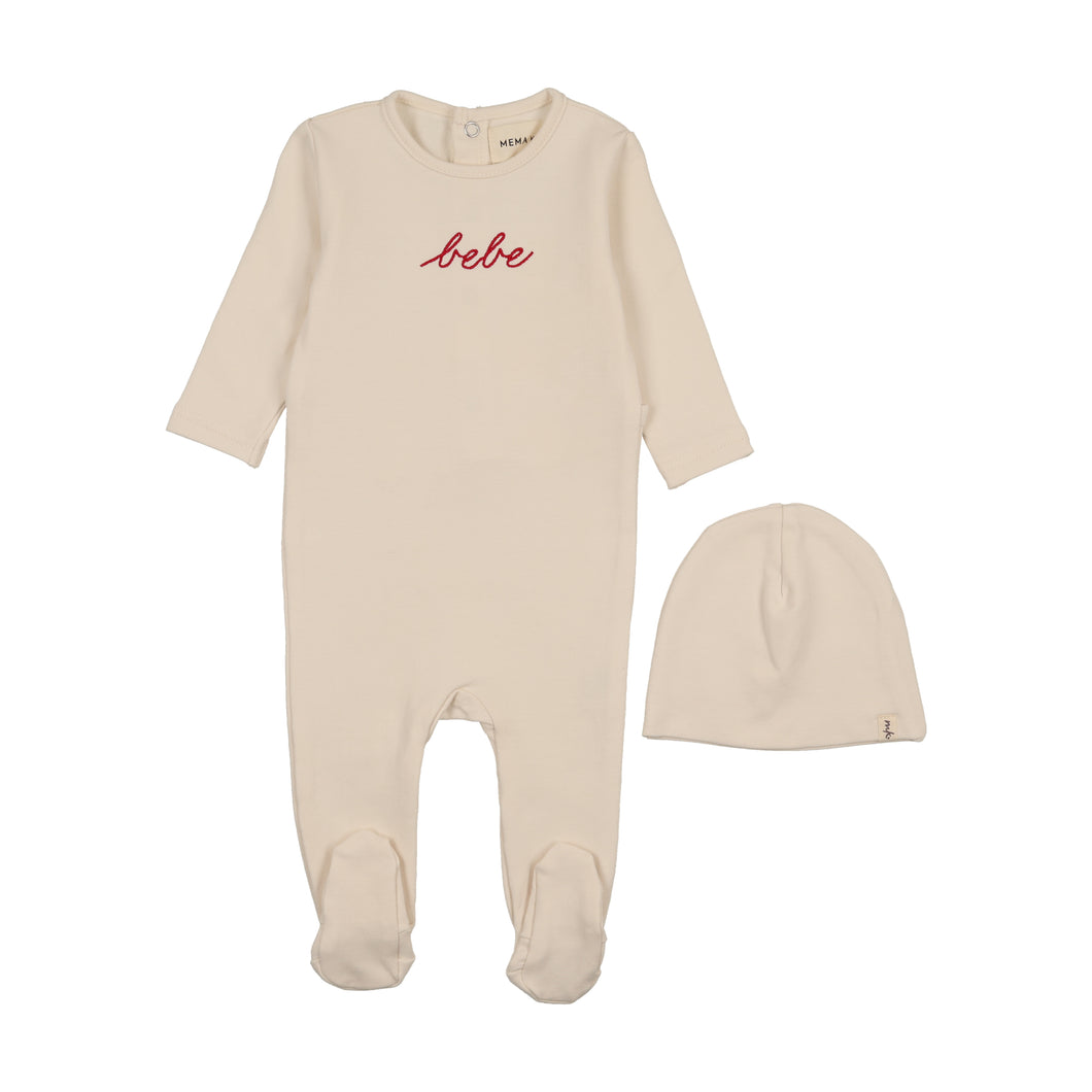French terry embroidered bebe footie and beanie - Ivory/rosewood