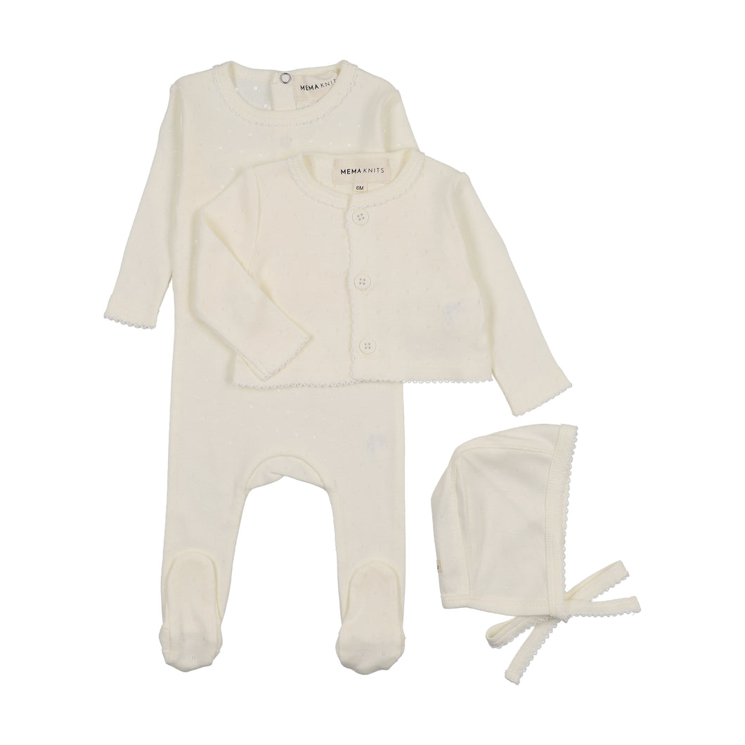 Pointelle footie and cardigan set and bonnet - Ivory