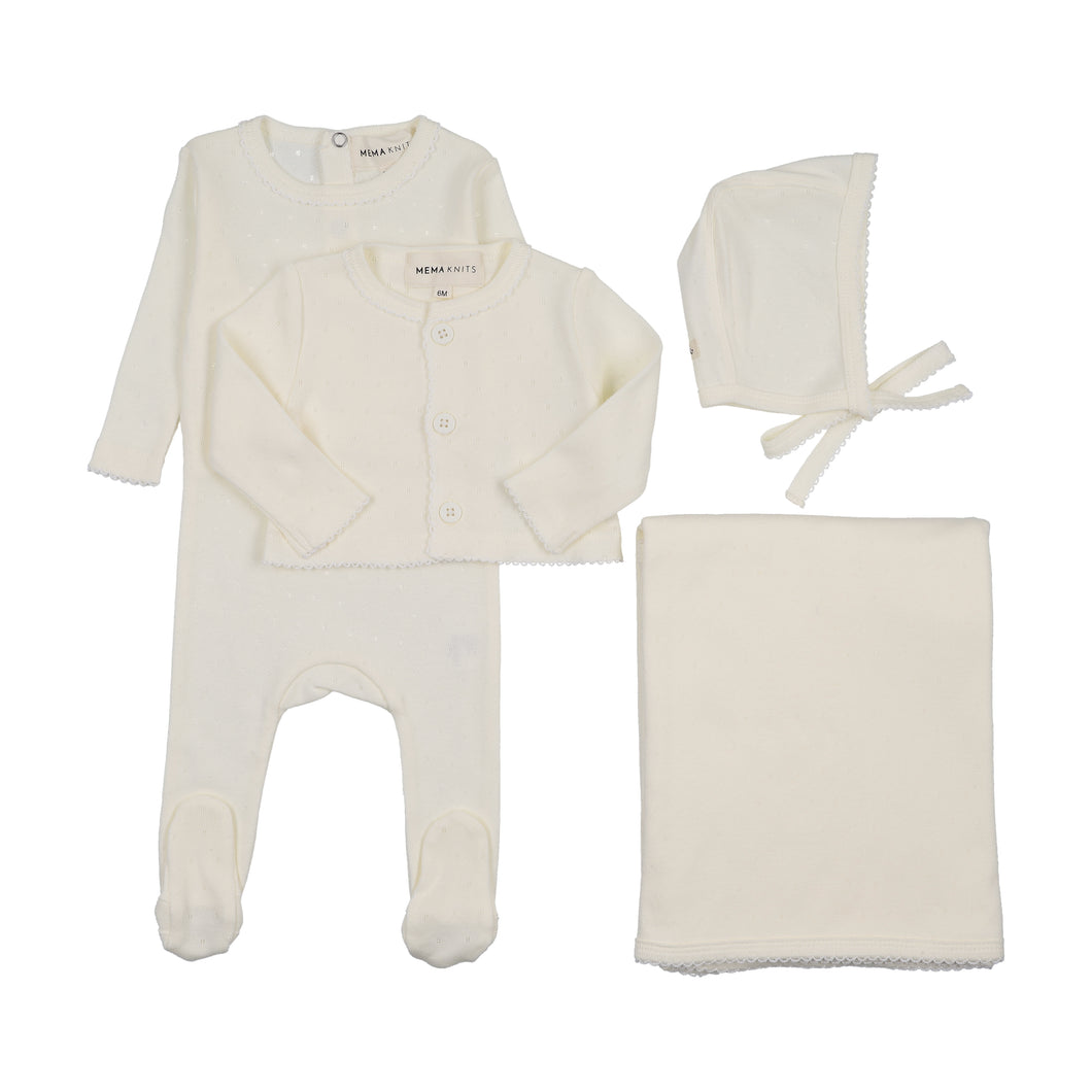 Pointelle footie and cardigan 4 pc layette set - Ivory