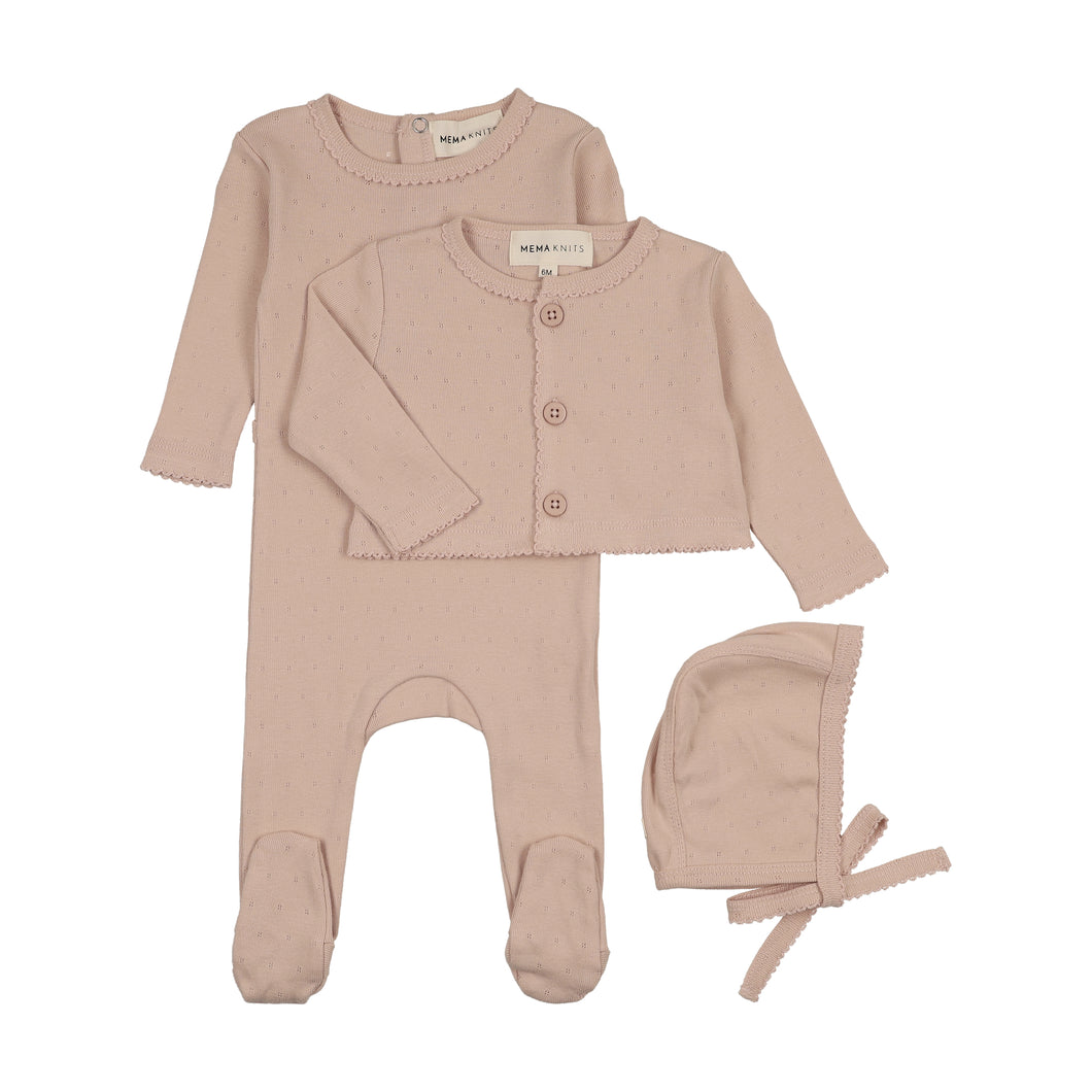 Pointelle footie and cardigan set and bonnet - Deep pink