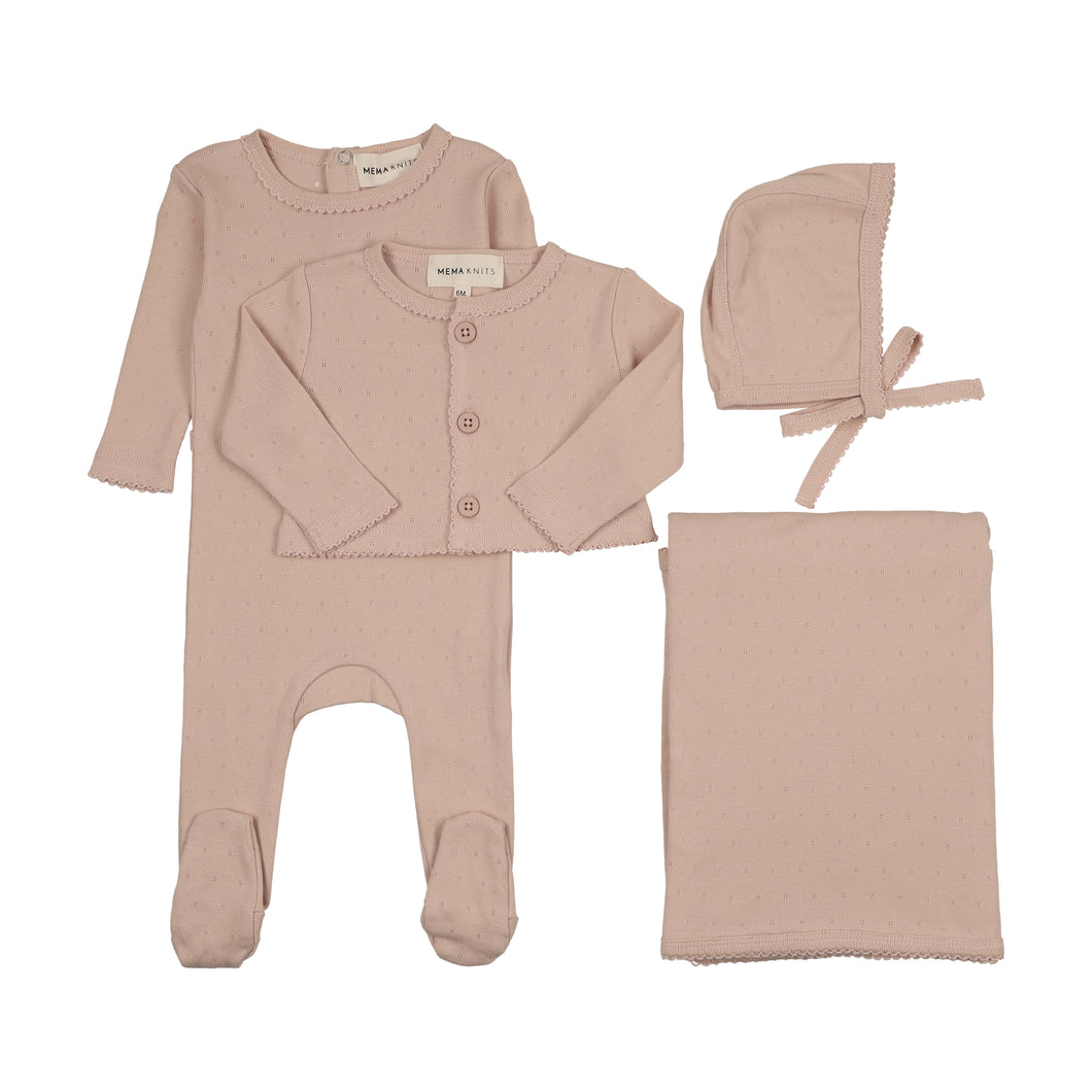 Pointelle footie and cardigan 4 pc layette set - Deep pink