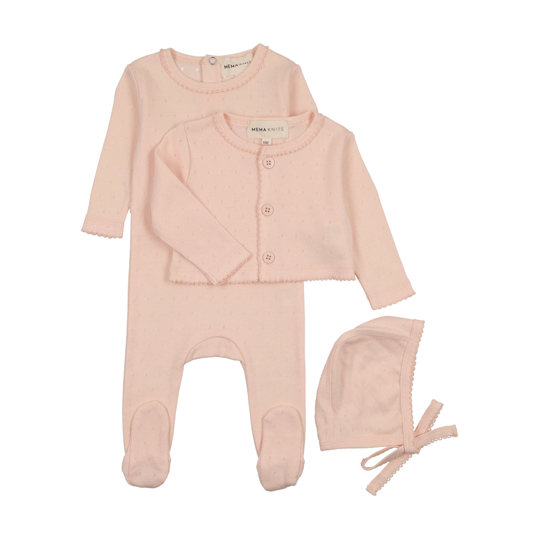 Pointelle footie and cardigan set and bonnet - Pale pink