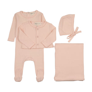 Pointelle footie and cardigan 4 pc layette set - Soft pink