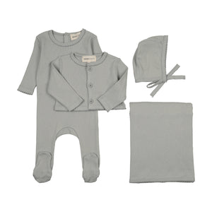 Pointelle footie and cardigan 4 pc layette set - Windy blue