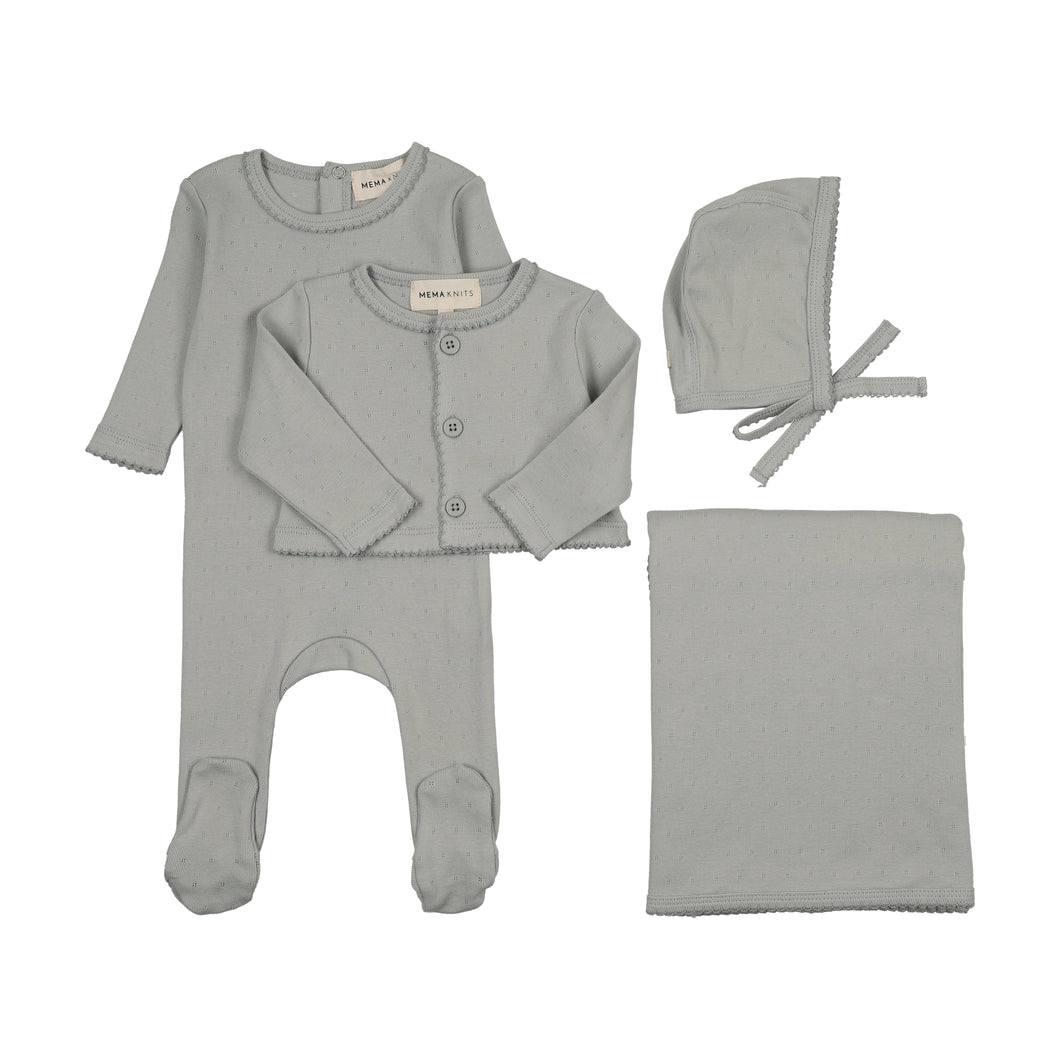 Pointelle footie and cardigan 4 pc layette set - Windy blue