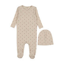 Load image into Gallery viewer, Heart printed footie and beanie - Ecru/red hearts
